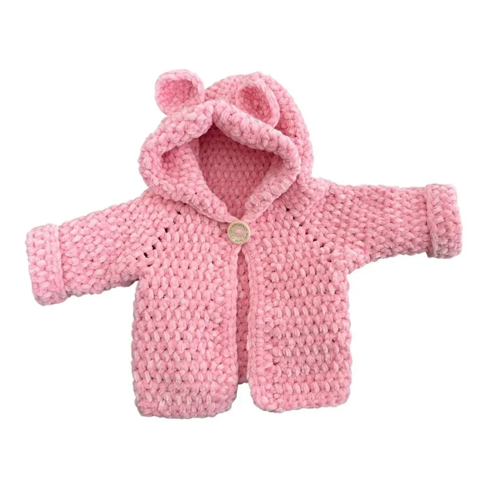 Handmade Pink Chenille Newborn Baby Hoodie & Booties Set Bear Ears Soft Plush - Picture 12 of 16